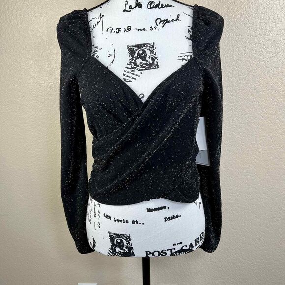 1 state black glitter print  top Cropped Textured Wrap Top long sleeve size M - Picture 8 of 16
